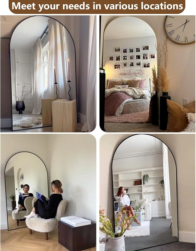 DMWOODFL 81"x41" Black Arched Full Length Mirror - Extra Large Floor/Wall Mounted, Shatterproof Glass & Aluminum Frame with Stand for Bedroom, Living Room, Entryway
