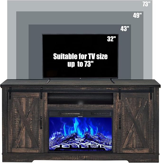 AMERLIFE Fireplace TV Stand with Sliding Barn Door for TVs up to 73", Farmhouse 63" Fireplace Entertainment Center with Storage Cabinets/Adjustable Shelves, Dark Rustic Oak