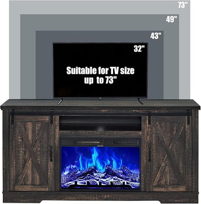 AMERLIFE Fireplace TV Stand with Sliding Barn Door for TVs up to 73", Farmhouse 63" Fireplace Entertainment Center with Storage Cabinets/Adjustable Shelves, Dark Rustic Oak