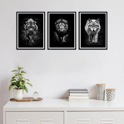 Black White Wild Beasts Framed Canvas Wall Art Set of 3 Tiger Lion Wolf Decor for Office Nursery Living Room Bedroom Modern Wildlife Animals Print Artwork Wall Decor Easy to Hand 12x16inchx3pcs