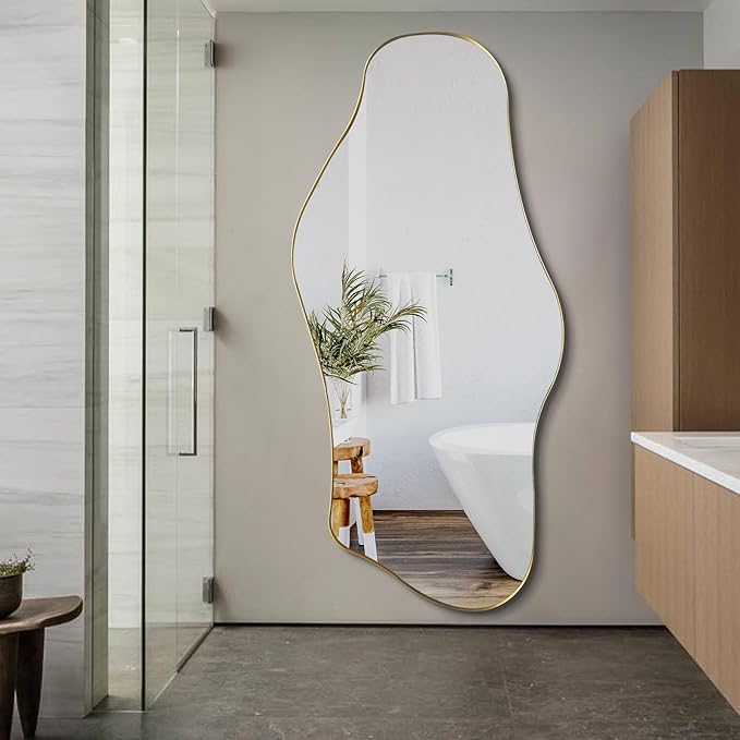Irregular Mirror Full Length, 63.4"x29" Large Asymmetrical Mirror with Gold Metal Frame, Modern Abstract Wall Mirrors for Living Room Bedroom Entryway, Hangs Vertically or Horizontally