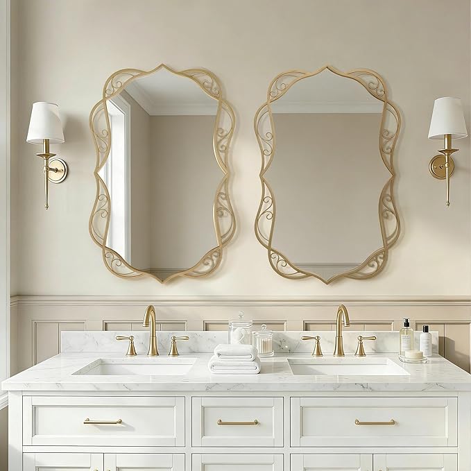 Besdomus Vintage Gold Bathroom Mirror: 24"x36" Scalloped Modern Large Bathroom Vanity Mirrors for Over Sink - Farmhouse Decorative Vertical or Horizontal Hanging for Living Room/Fireplace/Bathroom