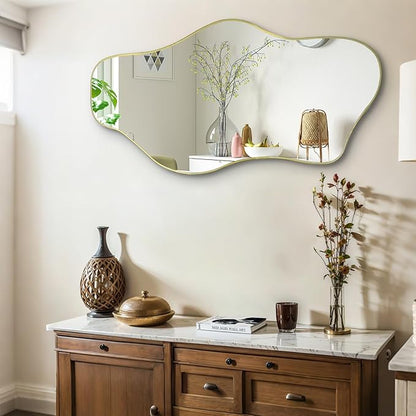 Gold Irregular Wall Mirror, 35.8"x17.7" Asymmetrical Tempered Glass Mirror, Modern Abstract Frameless Cloud Mirrors for Living Room Bedroom Entryway, Horizontal or Vertical Hanging