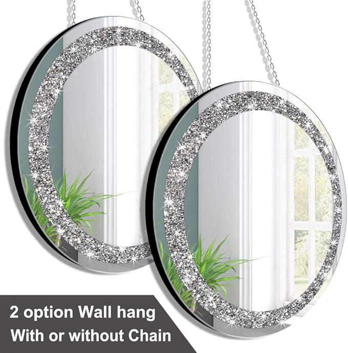 QMDECOR Crystal Crush Diamond Silver Mirror 2 Pack Diameter 12inch Round Shape with Iron Chain Real Glass Mirror for Wall Decor