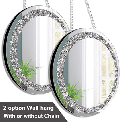 QMDECOR Crystal Crush Diamond Silver Mirror 2 Pack Diameter 12inch Round Shape with Iron Chain Real Glass Mirror for Wall Decor