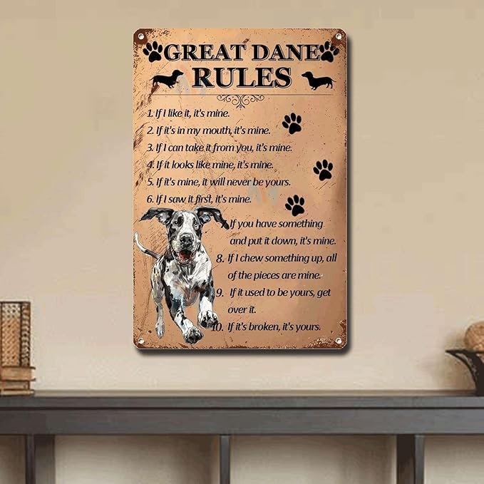 Metal Sign Tin Sign Vintage Wall Art Great Dane Rules Restroom Tin Sign for Pub 8×12 Inches