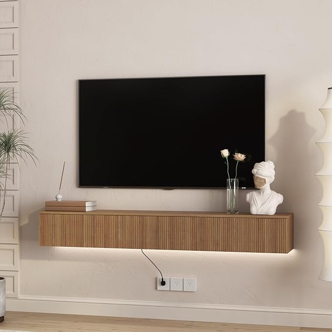 KEIKI 65" Floating TV Stand Wall Mounted with 16 Color LEDs & Power Outlets for TVs Up to 70 Inch, Wooden Media Console Entertainment Center Television Table Cabinet for Living Room, Bedroom
