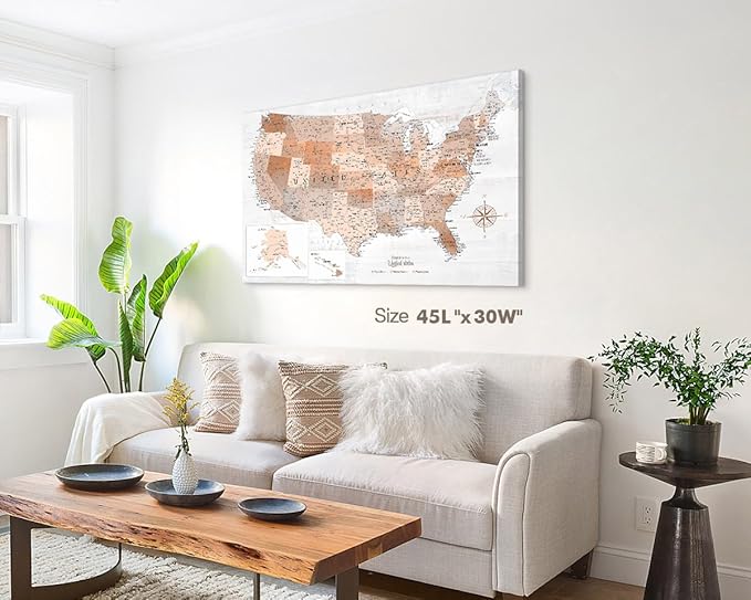 Wall Art Office Living Room Wall Decor Boho Neutral Artwork Large Map of the United States for Travel Tracking Bedroom Kitchen Dining Room Motivational Pictures