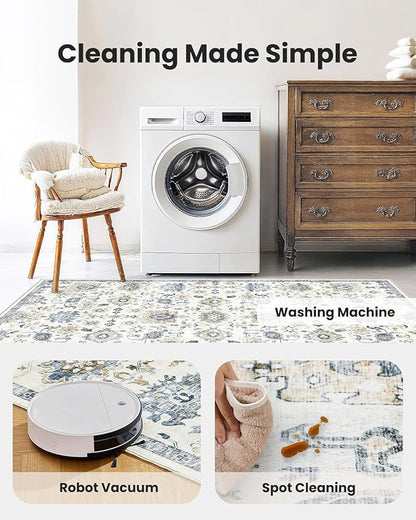 AMADA HOMEFURNISHING 9x12 Washable Area Rug, Low-Profile Large Area Rug with Non-Slip Backing & Durable Edge Binding, Vintage Large Rugs for Living Room, Bedroom & Dining Room