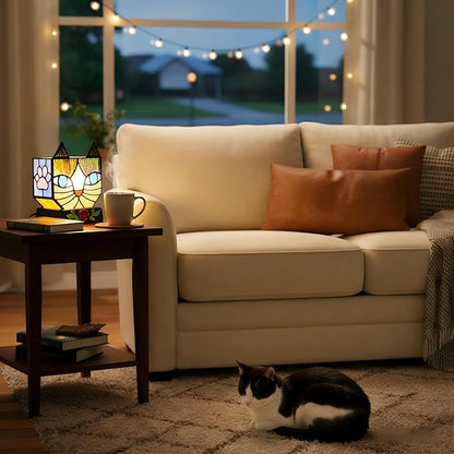Stained Glass Cat Lamp, Tiffany Style Table Lamp with 24H Cycle Timer, Small Table Lamp with Dimmable Timing Function, Cat Gifts for Women,Cat Lovers,Cat Remembrance Gifts