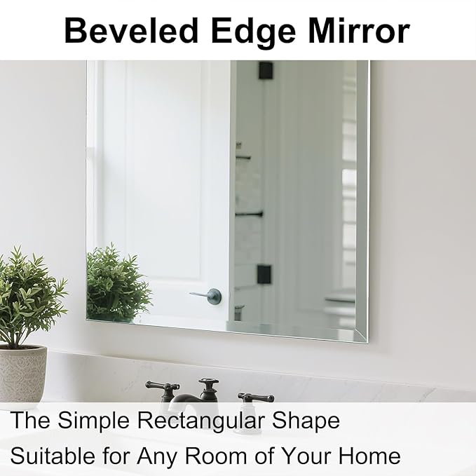 Frameless Bathroom Mirror for Wall, Rectangle Beveled Edge Mirror for Over Sink, Tempered Glass, Shatterproof, Hangs Horizontally or Vertically for Living Room, Entryway, Restroom, 24" x 16"