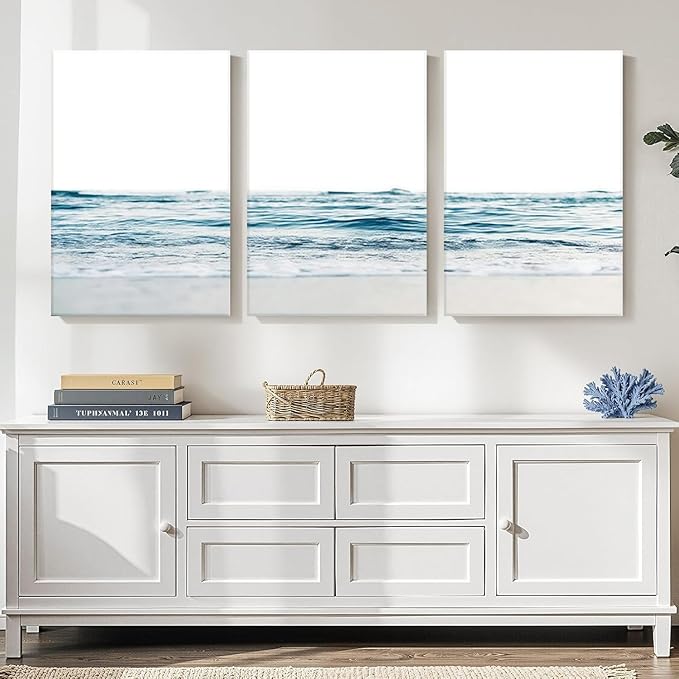KESAIFEI 3 Piece Blue Waves Canvas Wall Art Set for Living Room Blue Wall Art, Beach Art Coastal Wave Paintings Wall Decor for Living Room, Bedroom, Bathroom, Office Ready to Hang 12x16 Inches.