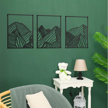 Peryiter 3 Pcs Metal Wall Art Decor Landscape Mountain Wall Hanging Decor for Living Room Abstract Minimalist Modern Mountain Line Pictures Bathroom Office Home Gifts Indoor(Black)