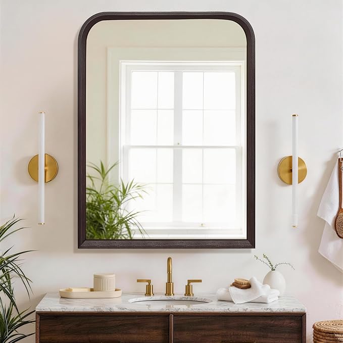Arched Bathroom Mirror for Wall,24 x 36 inch Hanging Vanity Dark Walnut Brown Tempered Mirrors with Rounded Corner for Living Room,Bedroom,Entryway