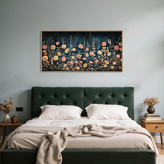 HPNIUB Moody Dark Wildflowers Framed Wall Art Set,Modern Botanical Floral Wall Decor,Dark Blue Colorful Flower Vibrant Printing,Nature Spring Flower Artwork for Living Room, Bedroom,Office-20''x40''