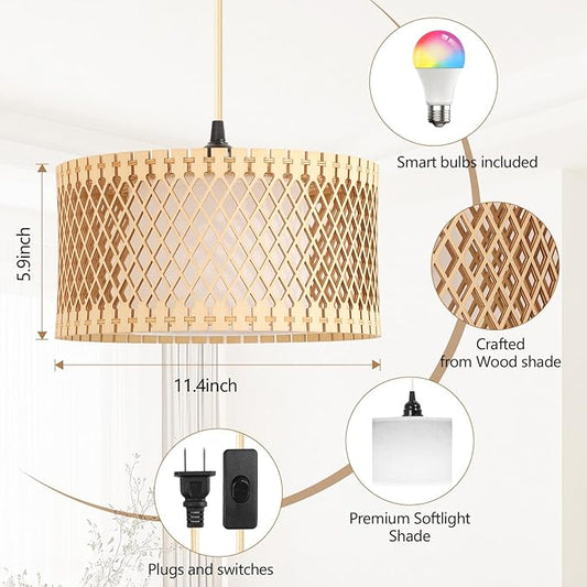 ZSLAIFU Hanging Lamp Plug in Pendant Light, 15FT Hanging Lights with Plug in Cord, Hanging Light with Bulb and Remote, Wood Shade Hanging Lamps for Bedroom, Living Room, Kitchen, Farmhouse