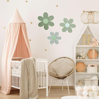 Maitys 3 Pieces Boho Daisy Wall Decor Natural Rattan Flower Wall Hanging Art Wooden Boho Art Nursery Flowers Farmhouse Hanging Decor for Home Office Nursery(Gradient Sage Green)