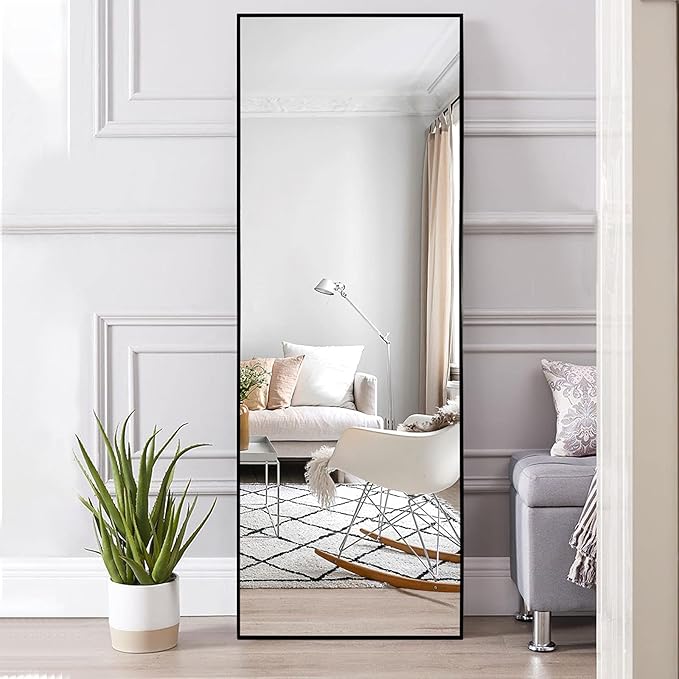 NeuType 64"x21" Full Length Mirror Floor Mirror with Standing Holder Aluminum Alloy Frame Bedroom Dressing Mirror Standing Hanging or Leaning Against Wall, Black