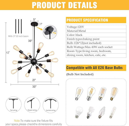 LIGHTDAMY Sputnik Chandeliers Black, Modern 12-Light Farmhouse Pendant Light Mid Century Lighting Vintage Industrial Ceiling Hanging for Living Dining Room, Bedroom, Kitchen Island, Foyer