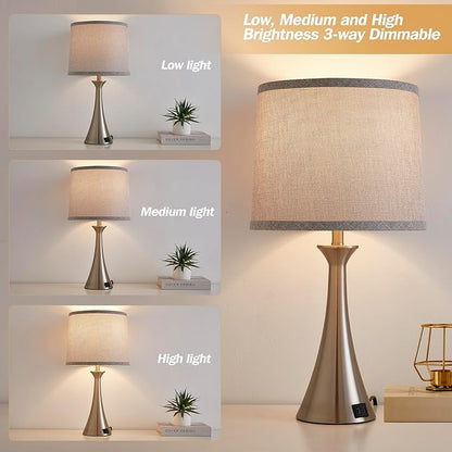 Touch Lamp for Living Room Bedroom, 21" Table Lamps Set of 2 with USB C+A Ports and Grey Lamp Shades, Touch Bedside Lamps for Nightstand with 3 Way Dimmable, 2 LED Bulbs Included, Silver