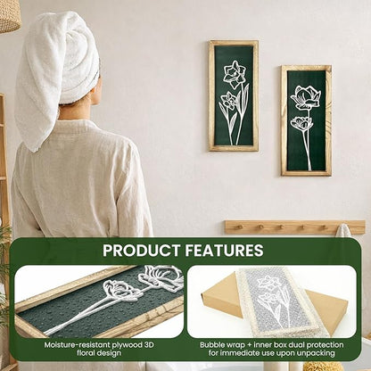 3D Floral Wall Art with 7''×16'' Botanical Textured Framed Artwork Decor Wall Art for Living Room Bedroom Office Bathroom Decor Wall Modern Boho Farmhouse Decor Wooden Ready to Hang (Set of 2)