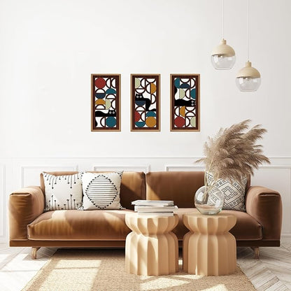 IARTTOP Mid Century Modern Cat Wall Art Framed Set of 3 Boho Abstract Geometric Wood Decor Black Cat Hanging Art for Living Room Bedroom Office Cat Lover Gifts 8x16 Inch