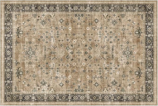 Hazo Haus Washable 2x3 Entry Rug Front Door Indoor, Bohemian Kitchen Floor Rug, Non-Slip & Stain Resistant, Vintage Desert Taupe Sage Farmhouse Floral Décor