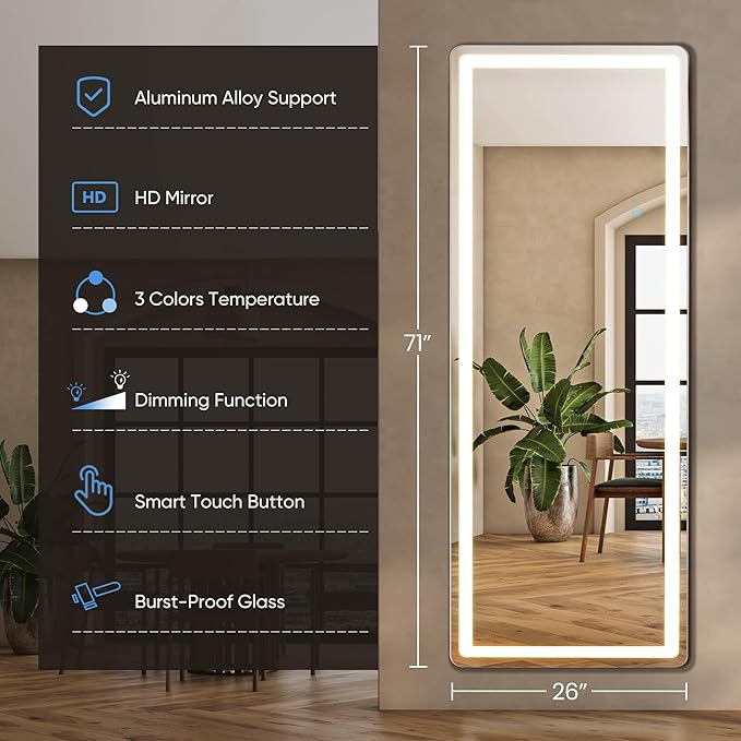 DUMOS 26"×71" LED Full Length Mirror with Lights, Lighted Floor Full Body Mirror with 3 Color Lighting, Wall Mounted Stand Mirror for Bedroom, Dressing Room, Living Room, Bathroom