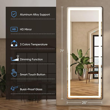 26"×71" LED Full Length Mirror with Stand, Full Body Wall-Mount Mirror with LED Lights 3 Color Lighting, Hanging or Leaning, Floor Standing, Modern Simple Home Wall Decor
