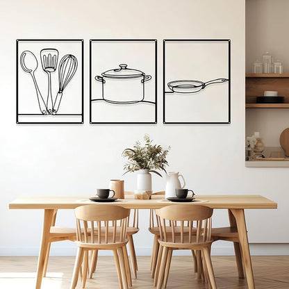 3 Pieces Metal Minimalist Line Kitchen Signs Wall Decor Drawing Rustic Kitchen Wall Art for Dining Living Room Home, 14 x 11 Inches(Kitchenware,Black)