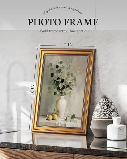 VIYYIEA Modern Rustic Botanical Farmhouse Wall Art Decor for Dining Room Kitchen, Aesthetic Eucalyptus Lemons Vase Pictures,12x16inch,Gold Framed Canvas Prints Paintings