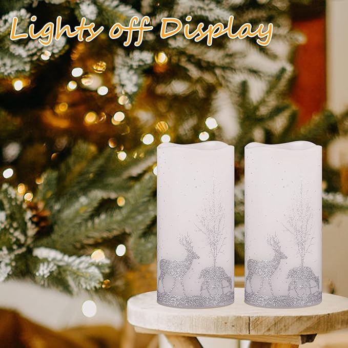 2Pack Christmas LED Flameless Candles Flickering, Battery Operated Wax Candles with Timer Remote, Realistic Pillar Candles with Forest Deer Decal for Home Decorations Christmas Gifts [Silver, 3"X6"]
