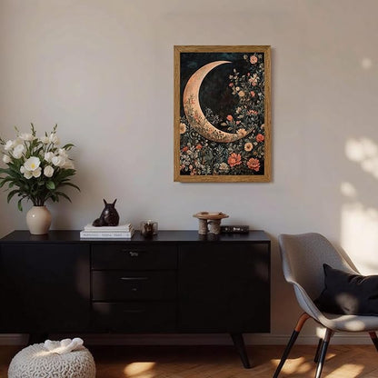 JLTULT Framed Vintage Floral and Moon Canvas Wall Art, Dark Mystical Celestial Floral Wall Decor, William Morris Gothic Prints Artwork for Bedroom Living Room Office Decoration 16x24 in Easy to Hang