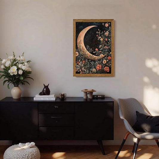 JLTULT Framed Vintage Floral and Moon Canvas Wall Art, Dark Mystical Celestial Floral Wall Decor, William Morris Gothic Prints Artwork for Bedroom Living Room Office Decoration 16x24 in Easy to Hang