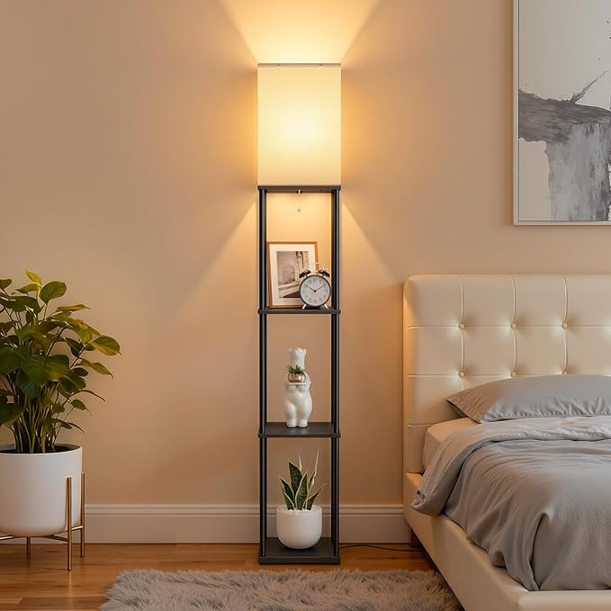 FOLKSMATE Floor Lamp with Shelves, 3-Tier Modern Square Bookshelf Floor Lamp, 3 Color Temperature Bulb Included, Black Floor Lamps for Living Room Bedroom Corner