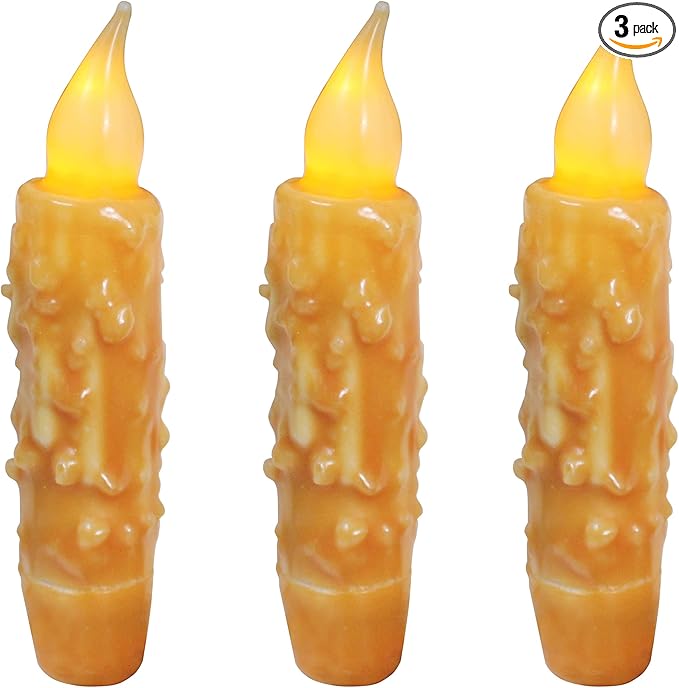 CVHOMEDECO. Real Wax Hand Dipped Battery Operated LED Timer Taper Candles Rustic Primitive Flameless Lights Decor, 4-3/4 Inch, Orange, 3 PCS in a Package