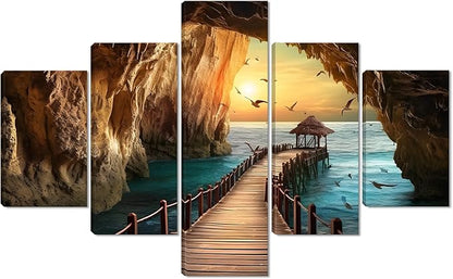 Yatsen Bridge 5 Panels Sea Rocks Wall Art Ocean and Seagulls Pictures Seascape Paintings on Canvas Artwork for Living Room Bedroom Home Decor Wooden Framed Ready to Hang - 60''W x 40''H