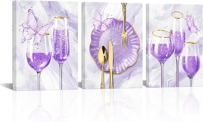 sechars 3 Pieces Set Kitchen Wall Decor Purple Wine Glass Wall Art Gold Utensils Canvas Prints Modern Dining Room Pictures (Purple)