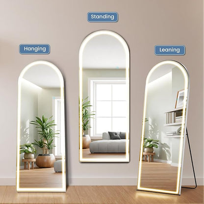 DUMOS Arched LED Full Length Floor Mirror, 26"×70" Full Body Standing Mirror with Lights, 3 Color Lighting, Hanging or Leaning, Wall Mounted, Modern Simple Home Wall Decor, White