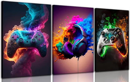 BGFCE Gaming Room Decor Canvas Wall Art Set of 3 - Cool Video Gaming Theme Wall Decor, Gamer Paintings Picture Print for Teen Boys Room 16x24 inch Framed