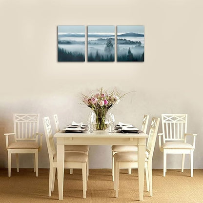 Foggy Forest Canvas Wall Art Indigo Misty Forest Pictures Blue Grey Abstract Mountain Trees Painting Artwork Nature Scene Canvas Art for Living Room Bedroom Home Office Wall Decor 12" x 16" x 3Piece