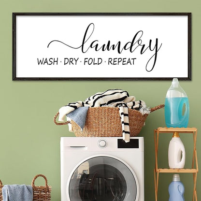 Laundry Room Wall Decor Sign 40"×15" Bathroom Laundry Rules Wash Dry Fold Repeat Large Wood Framed Wall Hanging Art (Black)