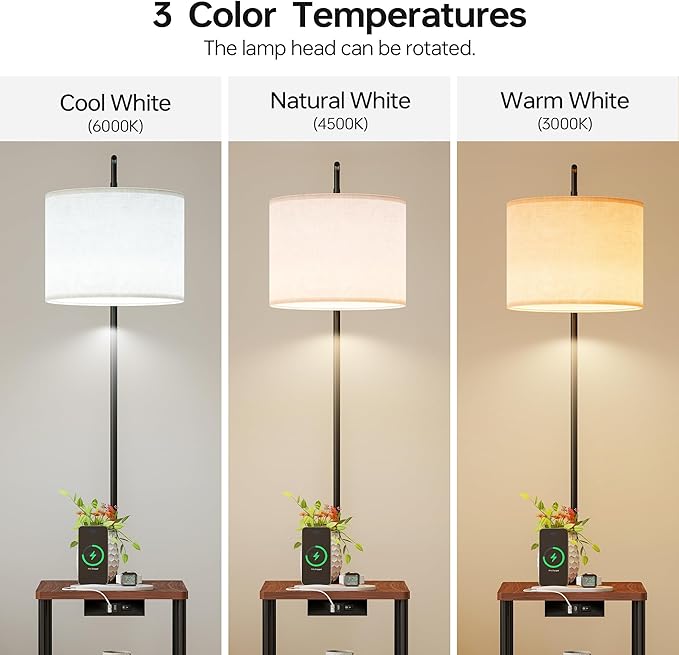 Floor Lamp with Charging Station, 3-Color Temperature LED Bulb (3000K Warm 4500K Natural 6000K Cool), Standing Light with USB & Type-C Ports, for Living Room Bedroom Office Dorm