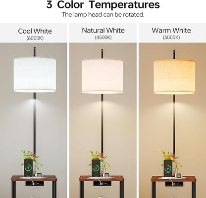 Floor Lamp with Charging Station, 3-Color Temperature LED Bulb (3000K Warm 4500K Natural 6000K Cool), Standing Light with USB & Type-C Ports, for Living Room Bedroom Office Dorm