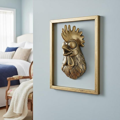 Newinhome Animal Heads Wall Decor (Includes Metal Frame) Resin Animals Sculptures Head Wall Hanging Decoration Gold vintage Wall Sculpture for Living Room Bedroom Office(Rooster)