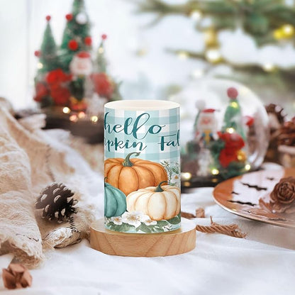 ALAZA Fall Autumn Pumpkins Teal Buffalo Plaid Flickering Flameless Candles Battery Operated with Remote Timer,Tea Light Candles LED Pillar Votive Candles Set of 2 for Outdoor Indoor Decorations