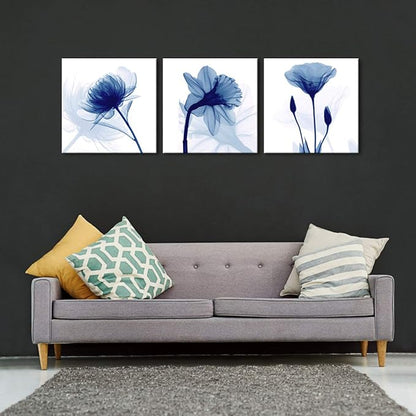 Wieco Art Blue Abstract Flowers 3 Panels Canvas Prints Wall Art Modern Pictures Artwork for Living Room Bedroom and Home Decorations