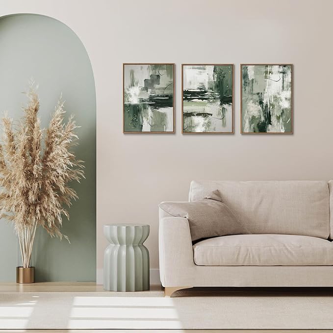 myusuar 3 Piece Large Modern Abstract Canvas Framed Wall Art For Living Room, Sage Green Minimalist Wall Art Decor Posters Prints For Bedroom Office, 12x16in