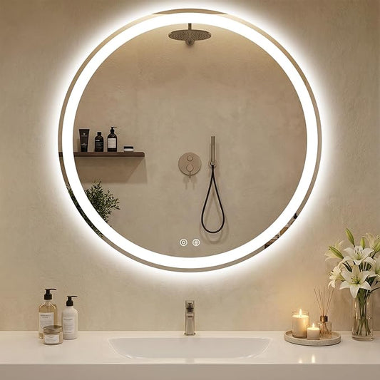 DUMOS 36 Inch Round LED Bathroom Mirror with Lights, Circle Vanity Mirror with Anti-Fog, Dimmable, 3-Color Light, Front Light and Backlit, Memory Function, Tempered Glass