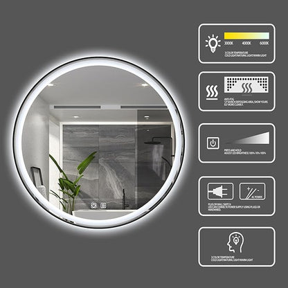 Itrue 36 Inch LED Bathroom Round Mirror, Black Metal Frame, Adjustable Color Temp & Brightness,Anti-Fog,Shatter-Proof Tempered Vanity Mirror for Wall
